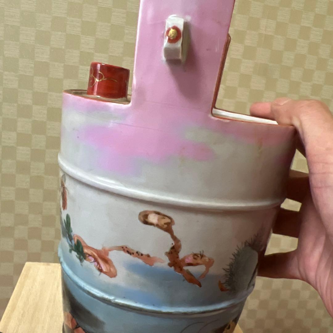 明治期超絶品九谷焼最高絵付　魚野菜尽くし手桶形水指　本物保証　逸品！