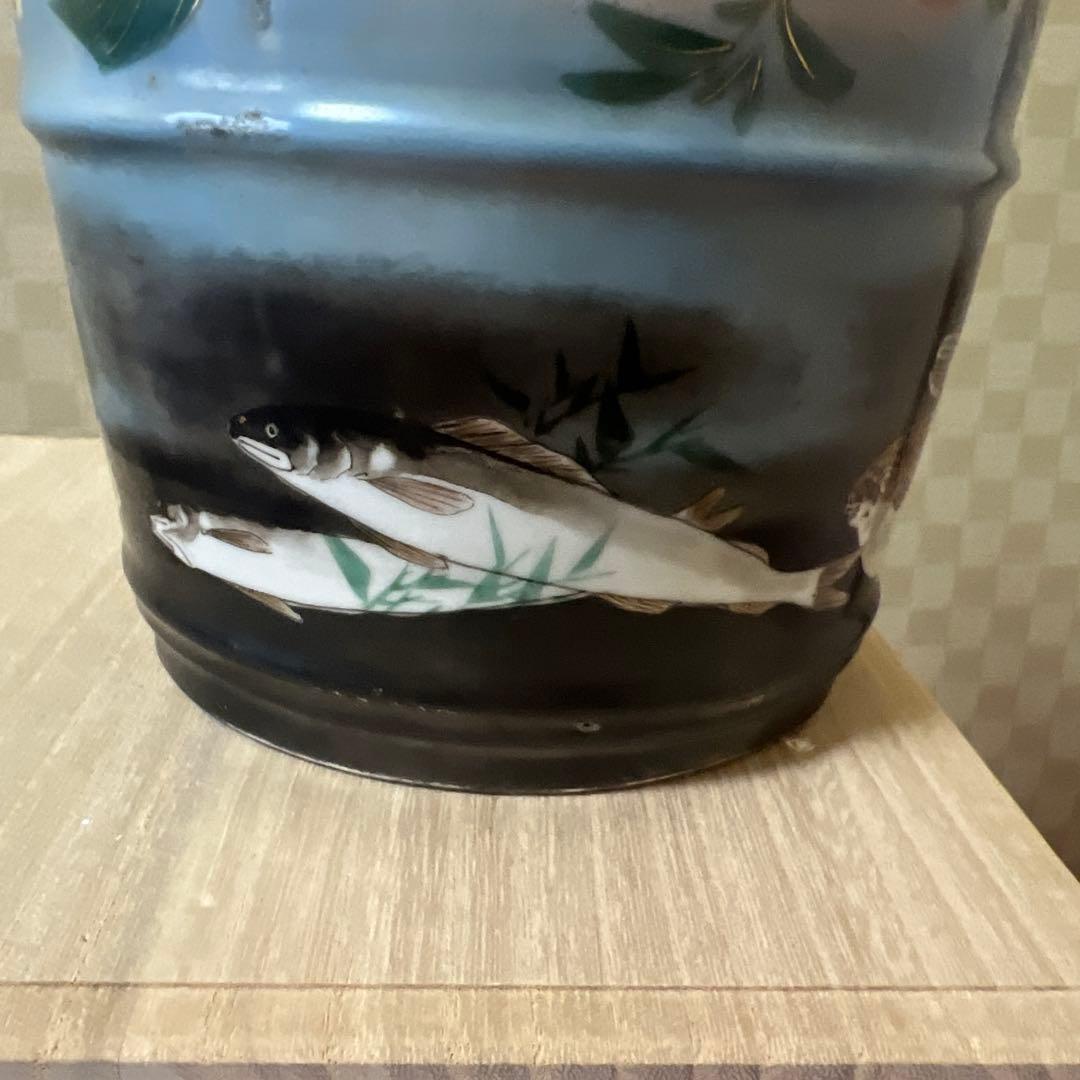 明治期超絶品九谷焼最高絵付　魚野菜尽くし手桶形水指　本物保証　逸品！