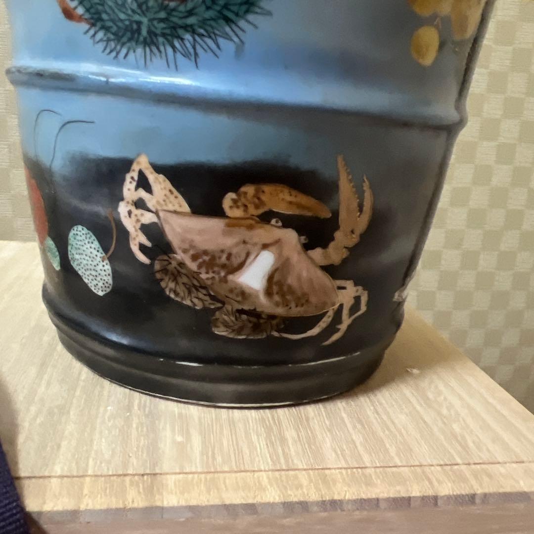 明治期超絶品九谷焼最高絵付　魚野菜尽くし手桶形水指　本物保証　逸品！