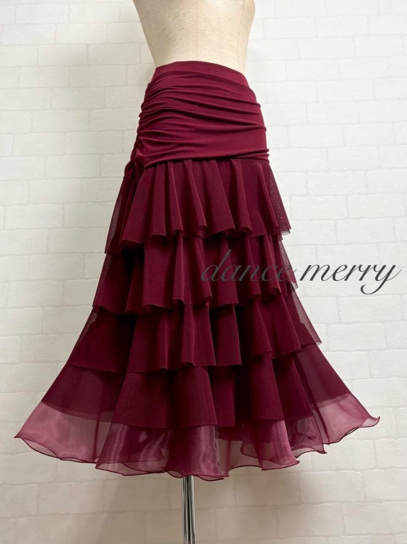 ＊新品　社交ダンス　豪華　スカート　ワイン　赤　ティアード　パーティ　1269