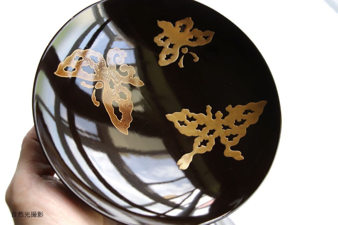 CK75 時代 木製漆器 輪島塗 蝶金蒔絵 黒塗椀 三客 天然木 梨地