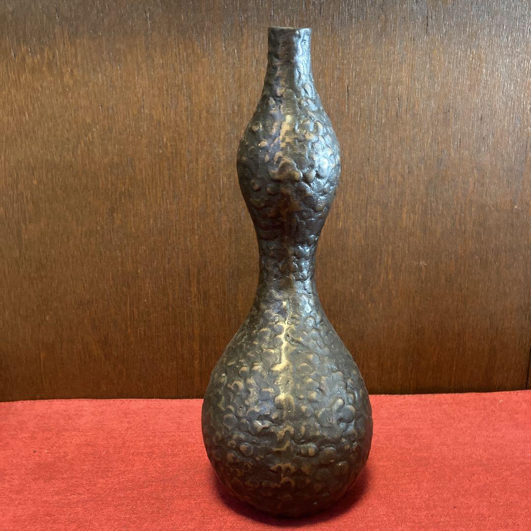 【03501】 鋳鉄 銅器 瓢箪 花瓶 一輪挿し 在銘