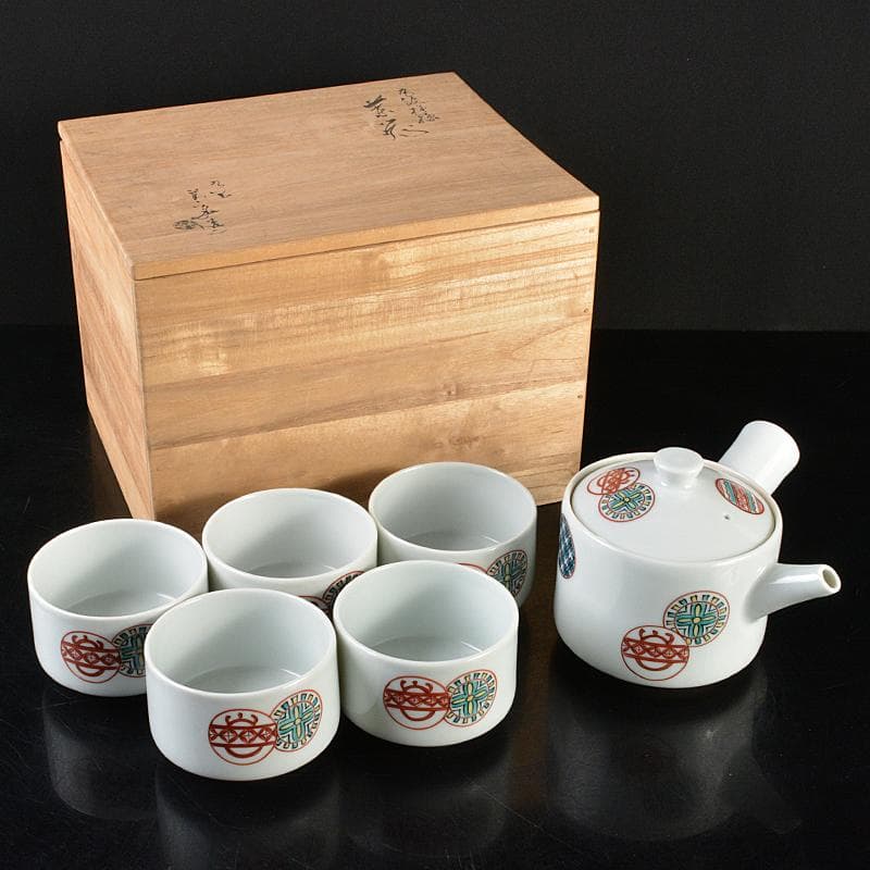 九谷焼　須田青華造　色絵　丸波模様　急須　煎茶碗　五客　共箱　D　R5999B