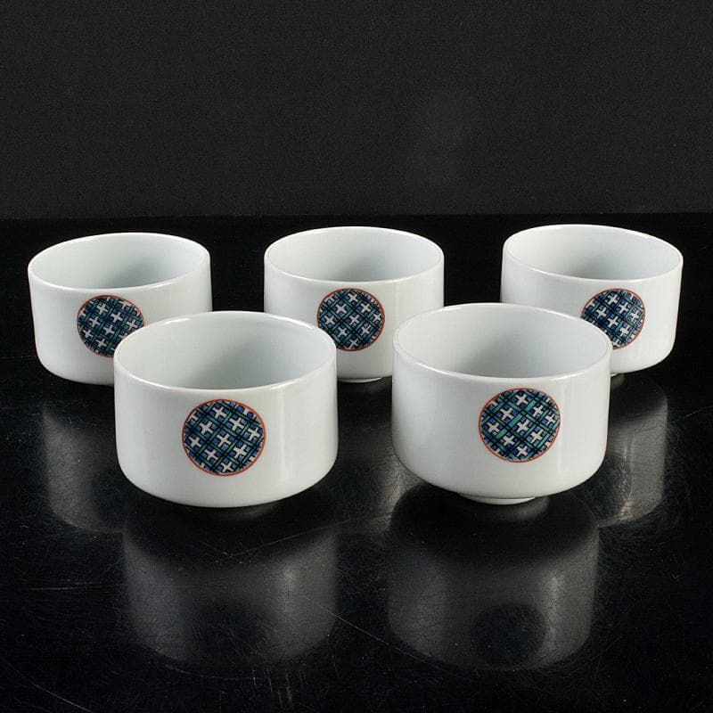 九谷焼　須田青華造　色絵　丸波模様　急須　煎茶碗　五客　共箱　D　R5999B