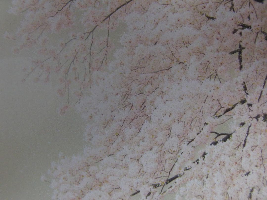 山地司、「桜に朧月」、希少画集、額装画、日本製・新品額にて額装