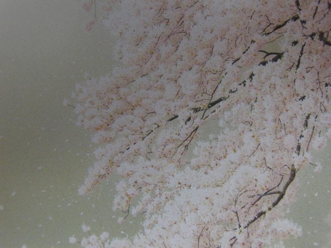 山地司、「桜に朧月」、希少画集、額装画、日本製・新品額にて額装