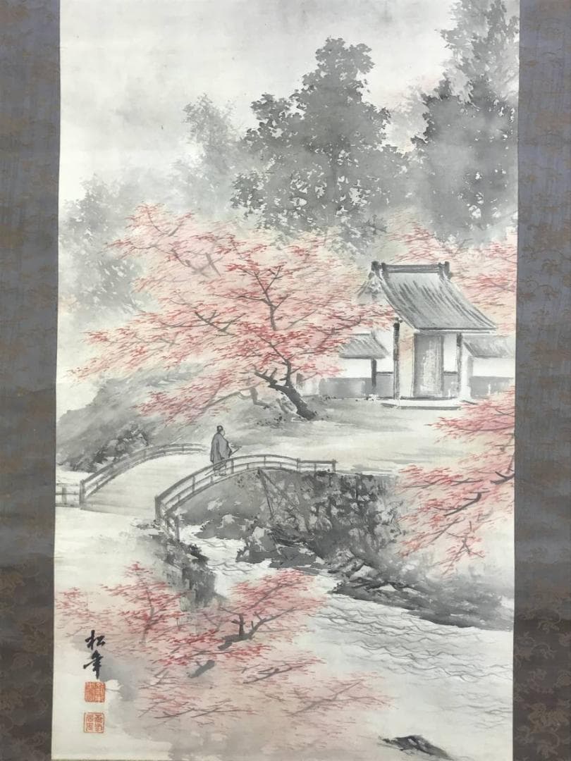 【真作】鈴木松年/通天紅葉/嵐山紅葉図/秋景山水図/掛軸☆宝船☆AD-589