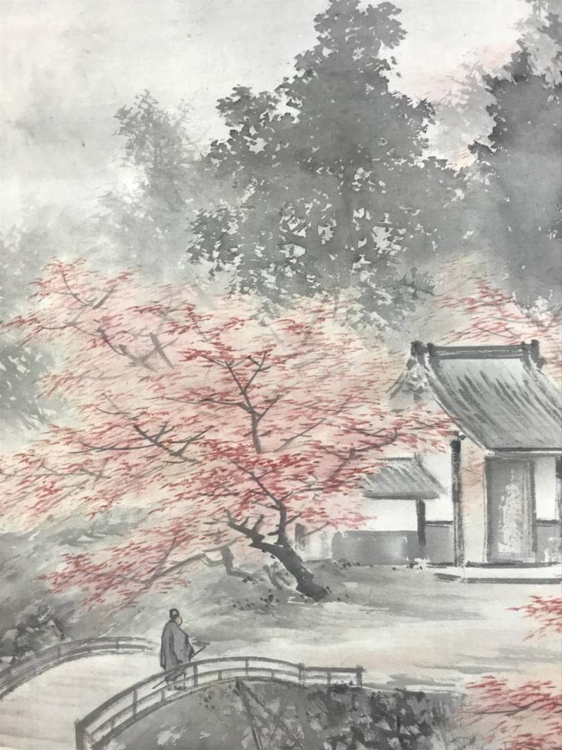 【真作】鈴木松年/通天紅葉/嵐山紅葉図/秋景山水図/掛軸☆宝船☆AD-589