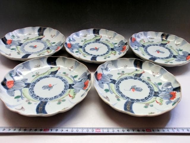 皿■角福 色絵花鳥紋捻子皿 5枚 古伊万里(江戸後期～明治期)時代物 古い骨董