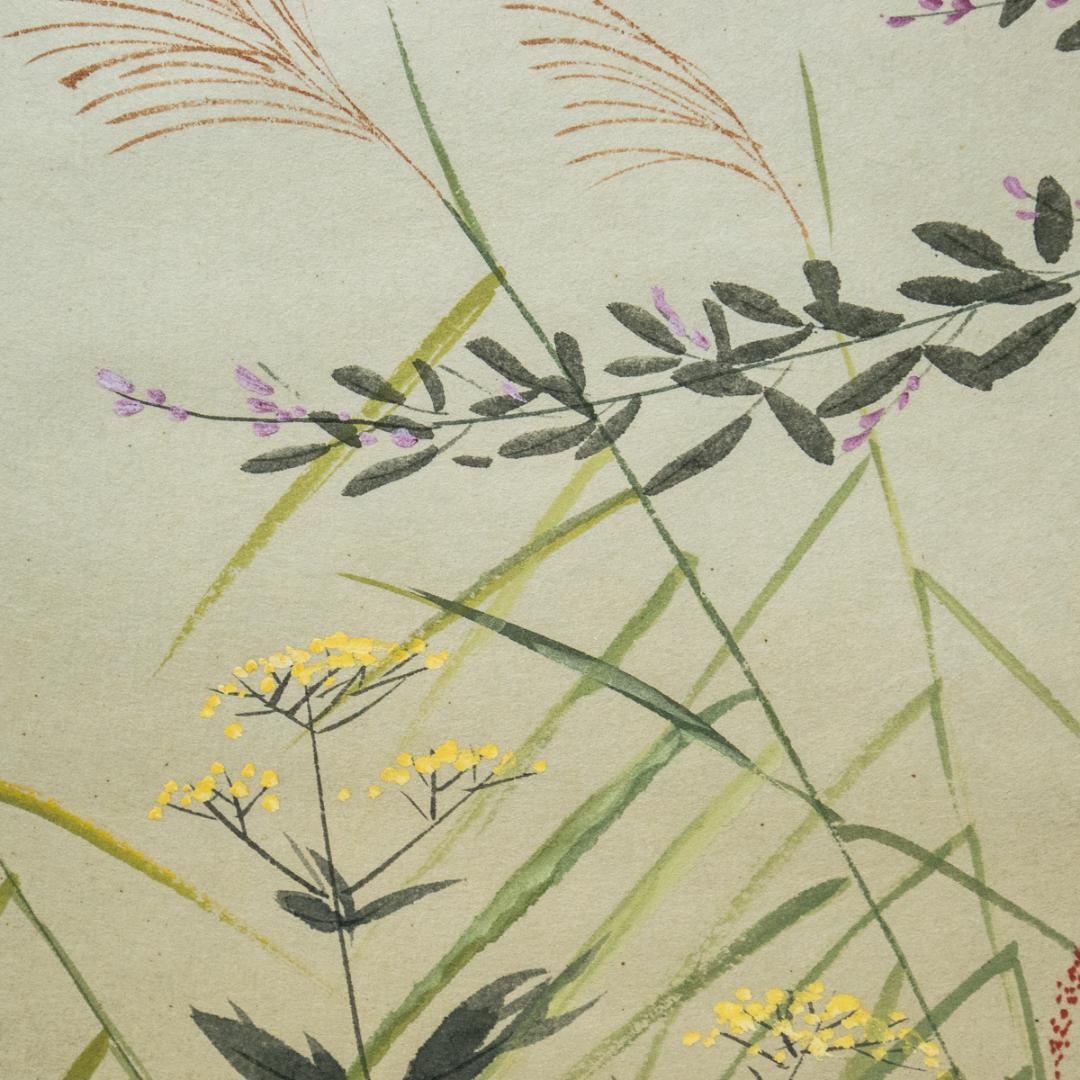 掛軸-1509　田中松泉　秋草　共箱　金箔散し