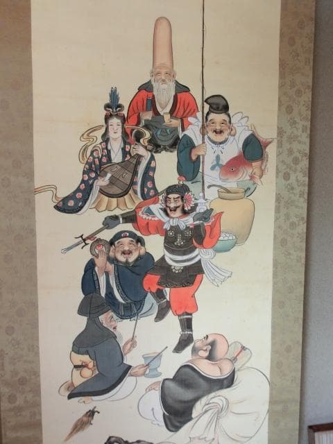 掛軸■七福神「崋山作」絹本 掛け軸 布袋様 大黒様 肉筆 古美術 骨董品■⑧