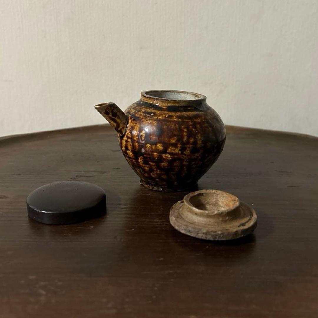 李朝飴釉薬蓋つき注ぎ口　酒器　煎茶　花入　アンティーク　古美術　骨董　　古美術