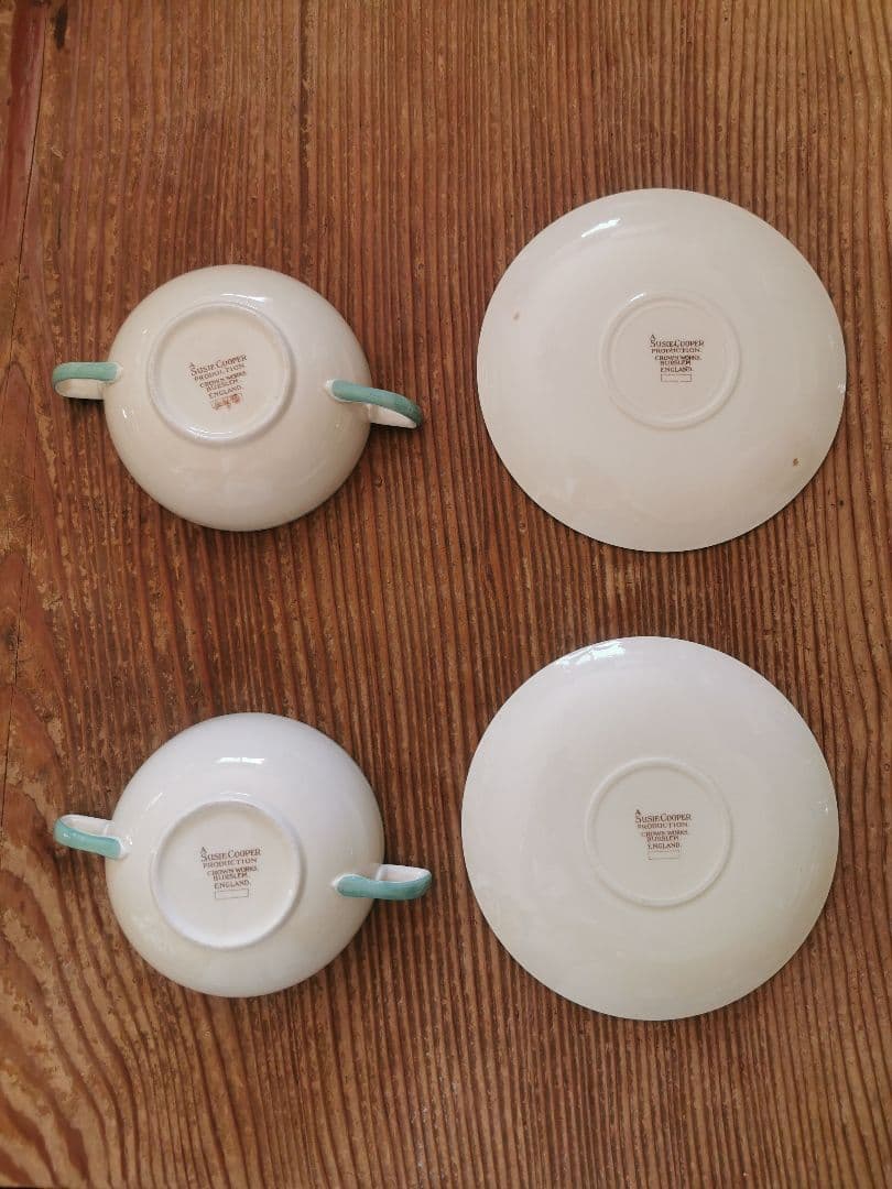 アンティーク スージークーパー スープカップ２客 ウェディングリング ピンク＆緑