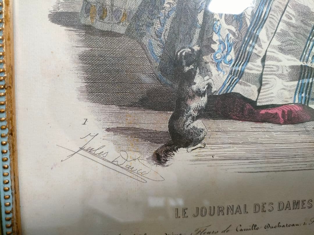 アンティーク版画　19世紀 フランス ファッションプレート 額装手彩色リトグラフ