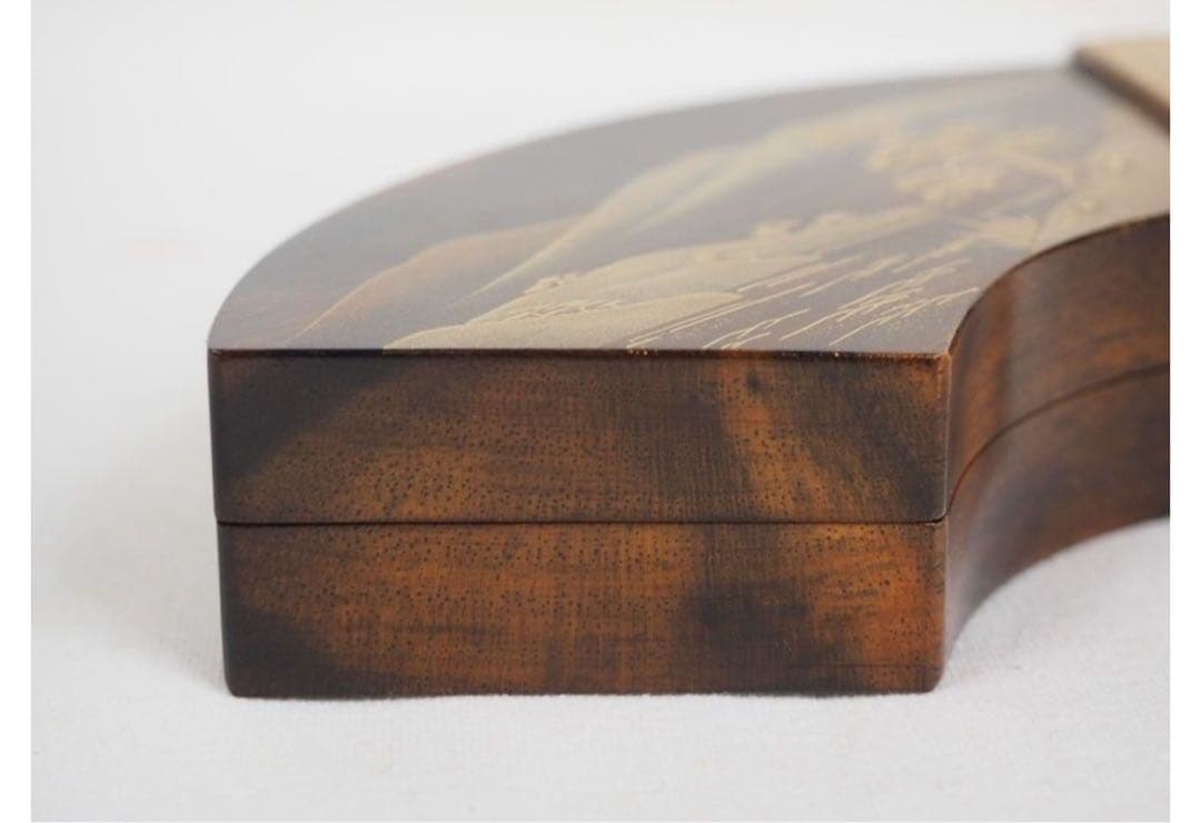 送料無料 蒔絵師　北浜風月造 銘木黒柿蒔絵扇面香合　共箱・作歴　茶道具