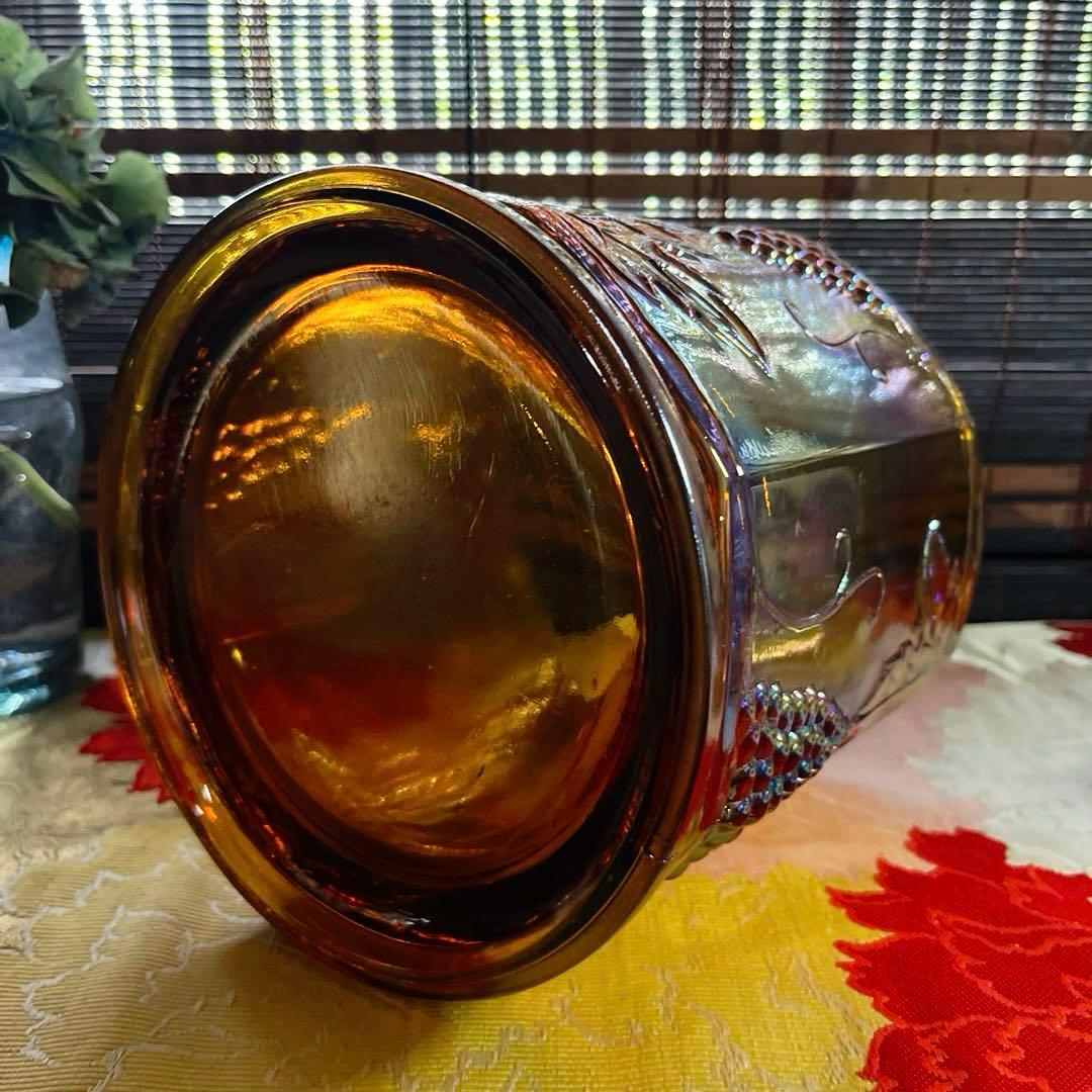 骨董　レトロプレス　カーニバルグラス　アンバー　ラスター彩葡萄模様　キャニスター