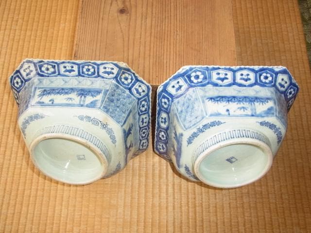 古伊万里 江戸末期 ◆肥前有田町黒牟田 梶原貞一窯 呉須手『角福紋』角深皿2客