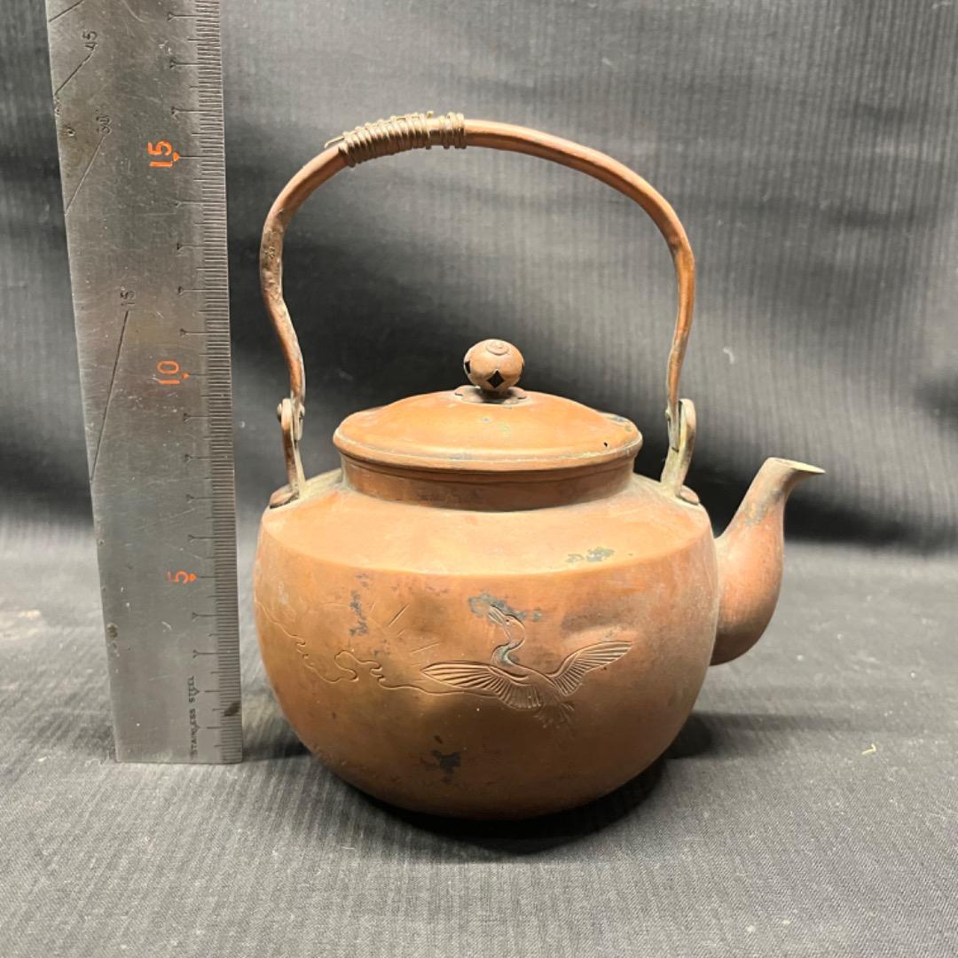 ▽Eb右1106 龍文堂造 銅製 急須 鶴 梅摘み 湯沸 煎茶道具 茶器