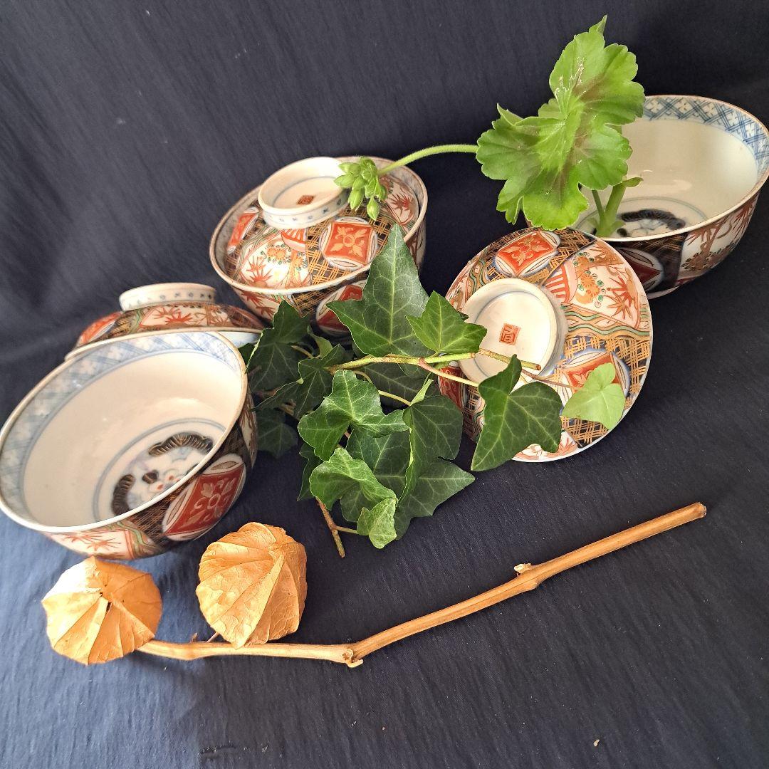 「蓋茶碗の色絵とフォルムを楽しむ！」 古伊万里茶碗(直径11.5cm)3客セット