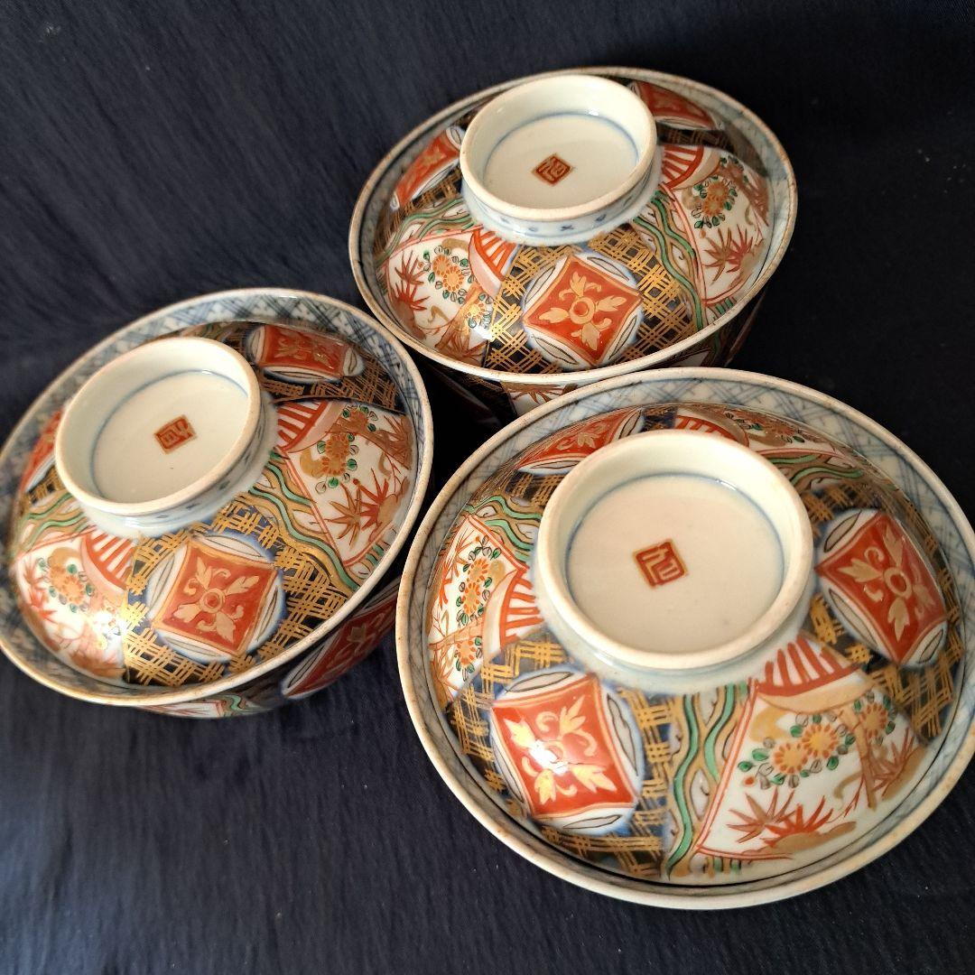 「蓋茶碗の色絵とフォルムを楽しむ！」 古伊万里茶碗(直径11.5cm)3客セット