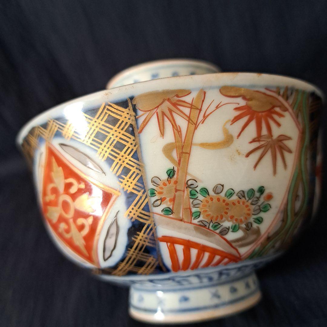 「蓋茶碗の色絵とフォルムを楽しむ！」 古伊万里茶碗(直径11.5cm)3客セット