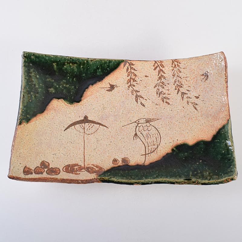 北大路魯山人作　織部焼　鳥絵　長四方皿　狙板　共布　極め箱　D　R7695B