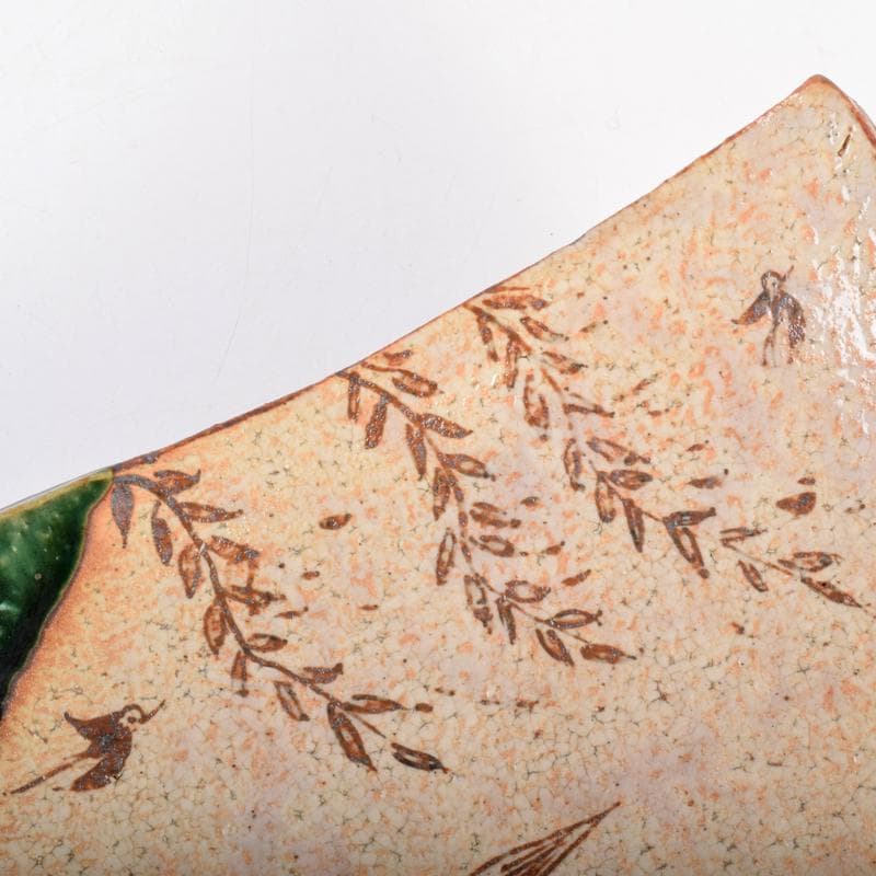 北大路魯山人作　織部焼　鳥絵　長四方皿　狙板　共布　極め箱　D　R7695B