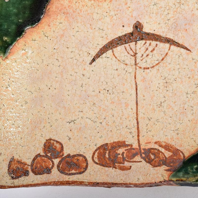 北大路魯山人作　織部焼　鳥絵　長四方皿　狙板　共布　極め箱　D　R7695B