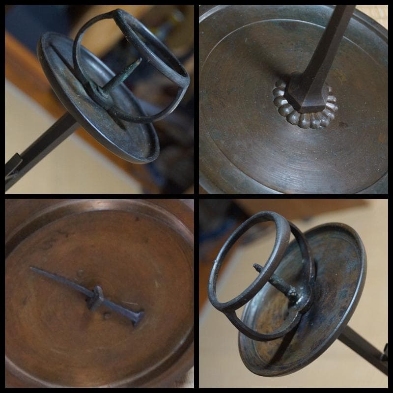 明治期 大型古銅製 桔梗座燭台 灯火器 蝋燭立 灯具一雙 蓋付小壺 銅製ハサミ付