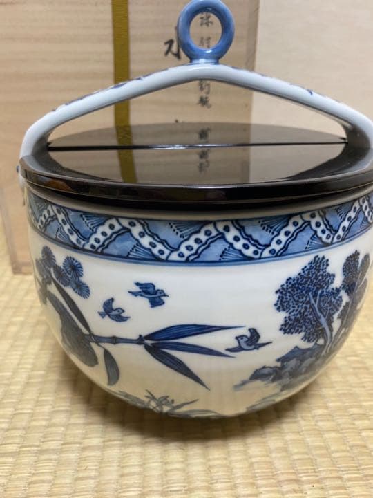 染付釣瓶水指(割れ蓋) 京都紫翠窯　西村徳泉