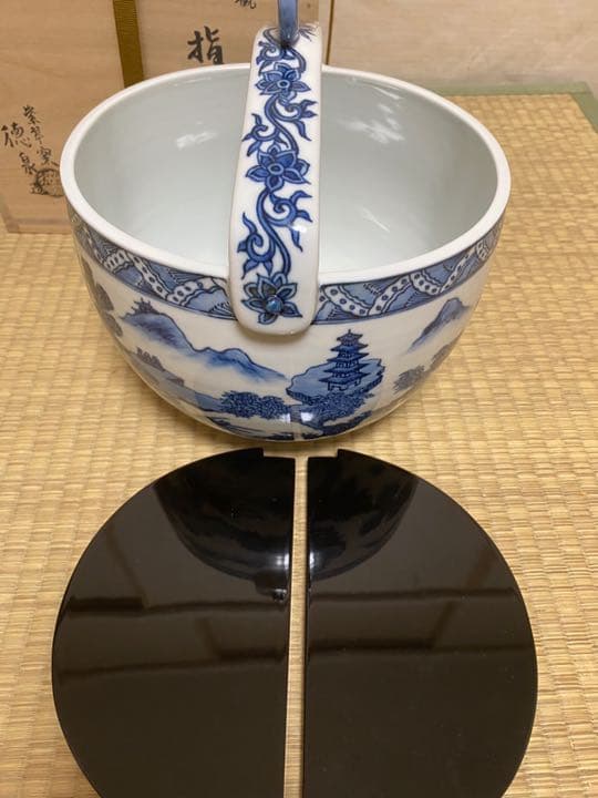 染付釣瓶水指(割れ蓋) 京都紫翠窯　西村徳泉