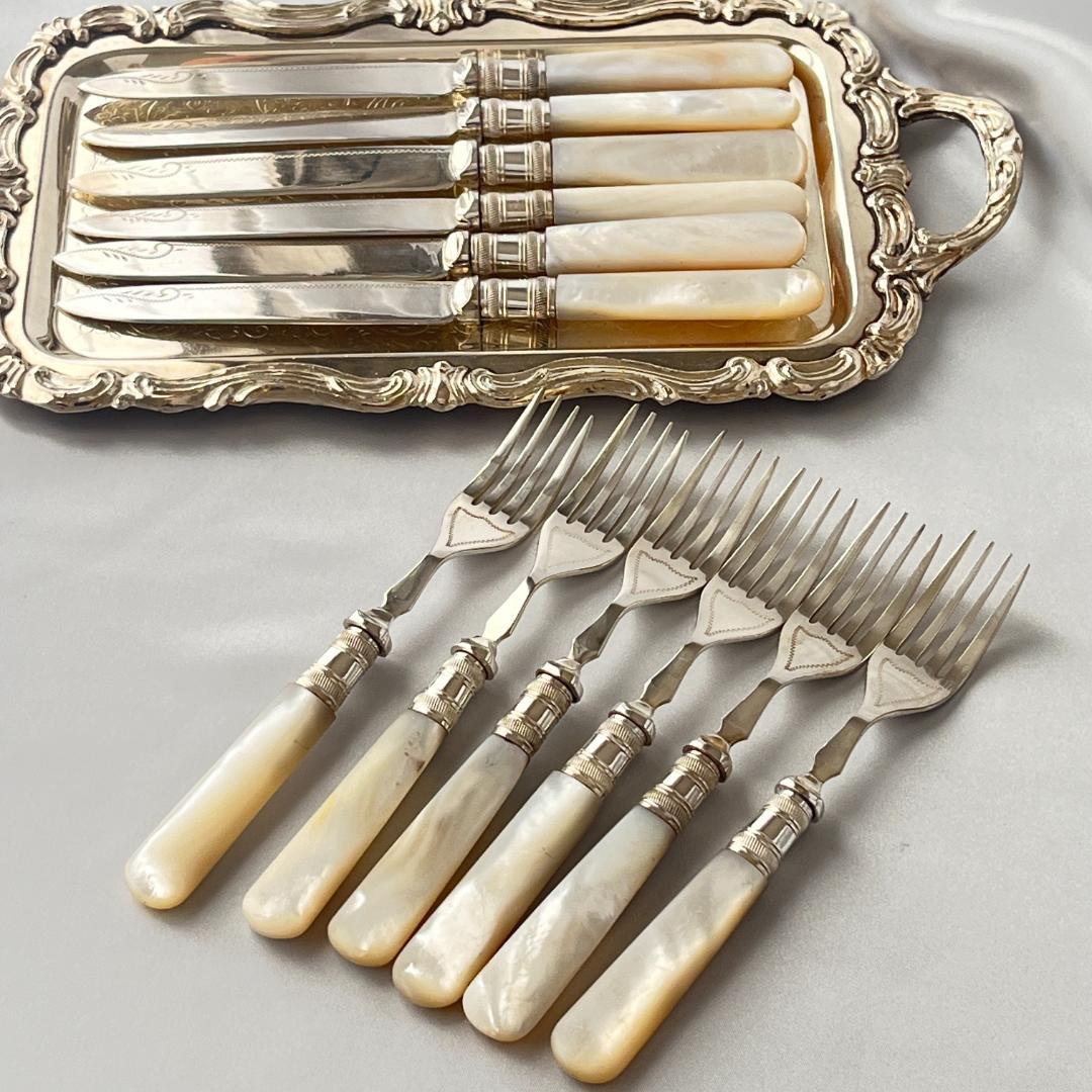 【英国 】【白蝶貝】ビクトリアン デザートセット12本 マザーオブパール ケース