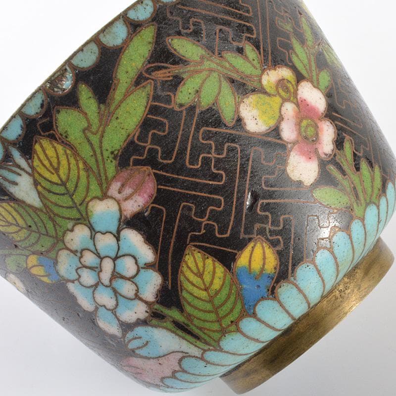 中国　古七宝琺瑯彩　花文　煎茶碗　黒柿蓋　時代箱　C　R6444