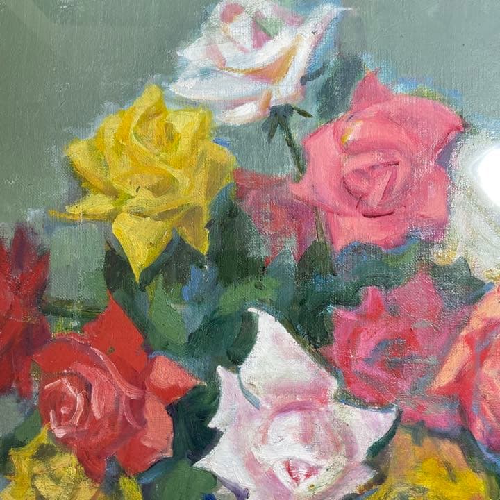 ◆油彩画 紺綬褒章画家【有賀潤】『ばら』 F8号◆