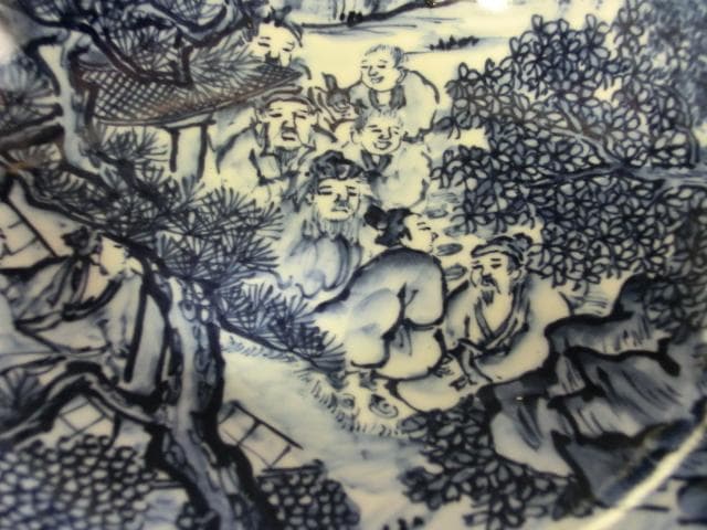 鉢■染付山水人物「平安京泉造」船山水 人物絵 大鉢 花弁型 桐共箱 骨董 極上■