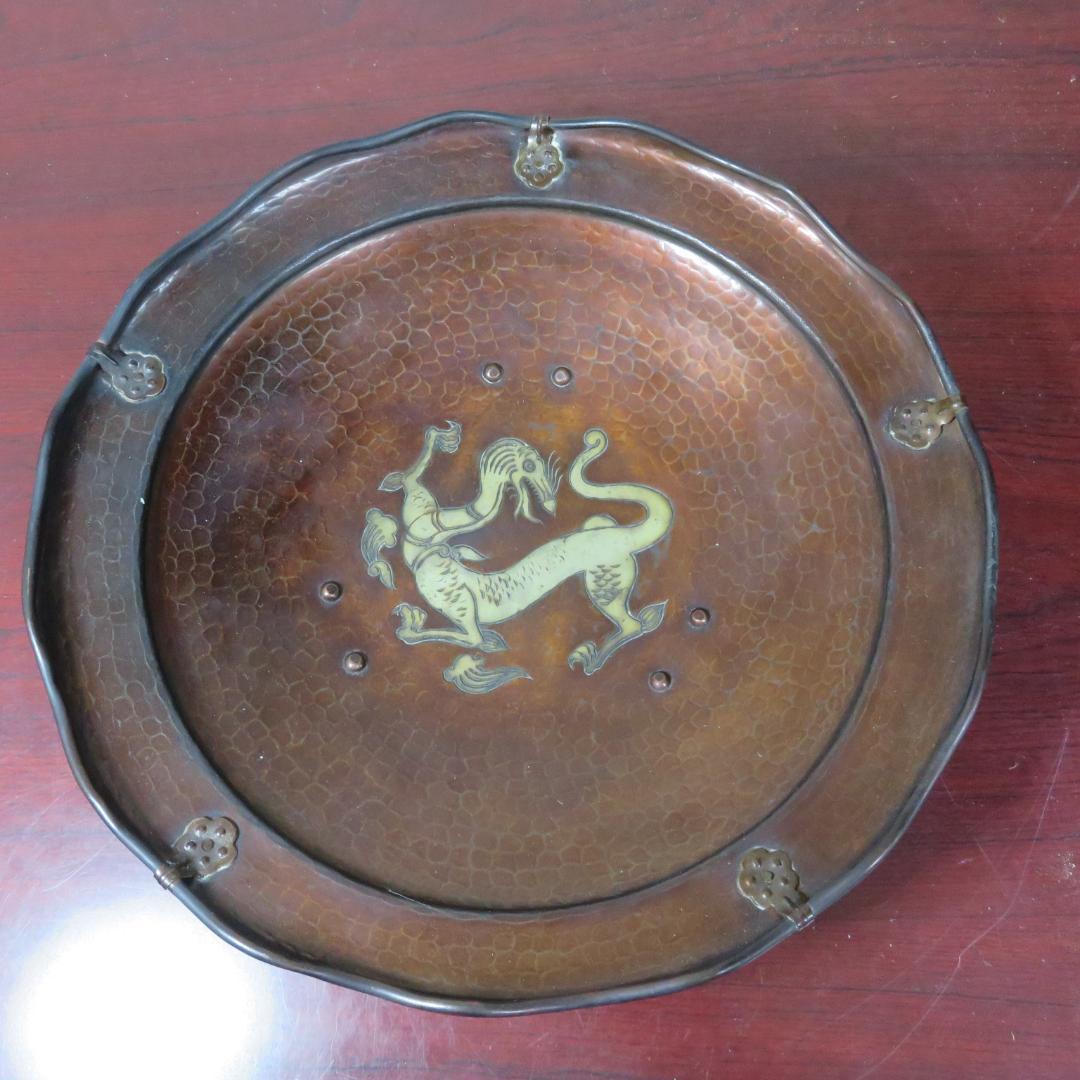 銅蟲鎚目 雲龍図三足菓子器 毛織雲龍図三足盆 菓子盆 菓子器 共箱 木箱付