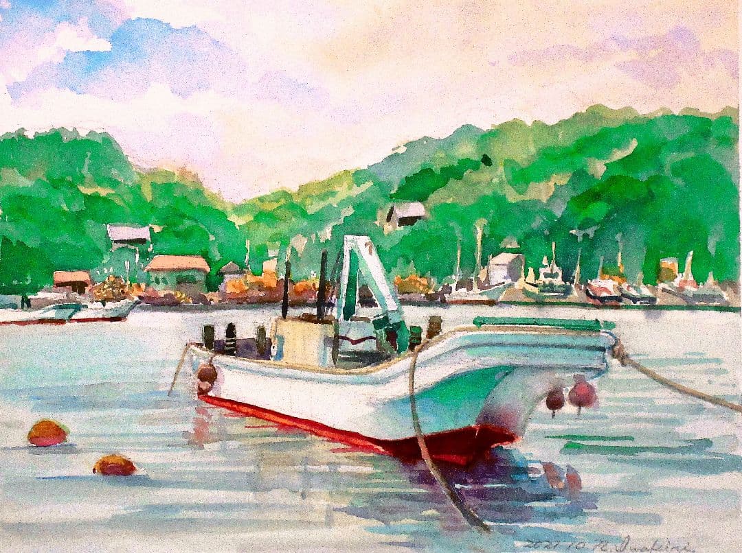 水彩画 金田漁港、額縁付き原画