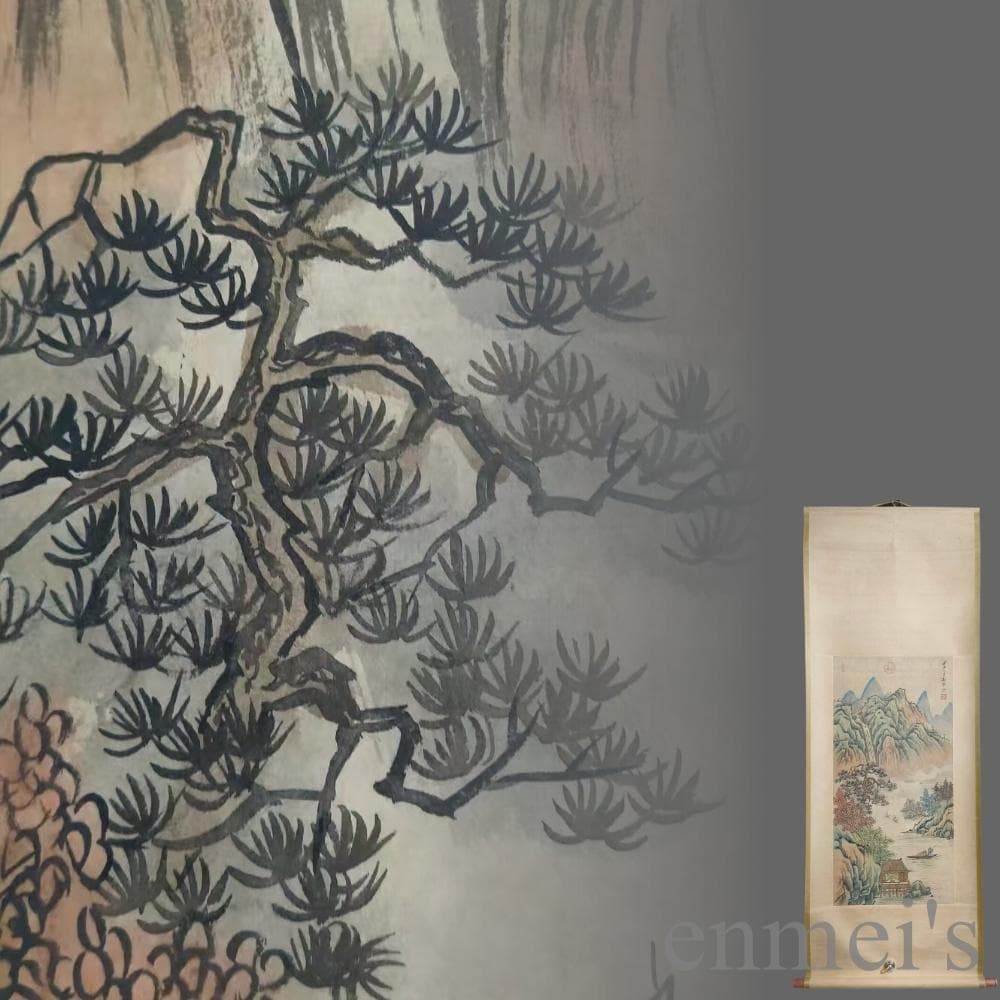 中国古美術.明時代.文徴明款.山水図.宣紙.三尺.肉筆.掛け軸.在銘.文房置物