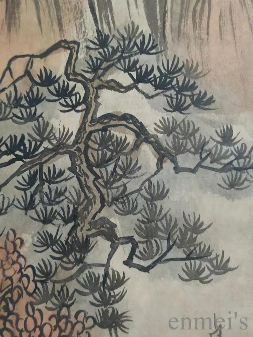 中国古美術.明時代.文徴明款.山水図.宣紙.三尺.肉筆.掛け軸.在銘.文房置物