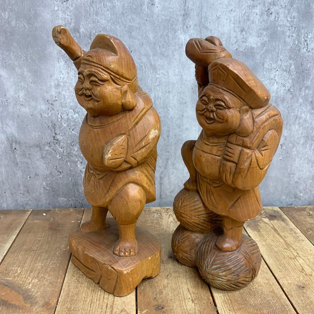 4F 【縁起物】木彫り 恵比寿 大黒天 2体セット 彫刻 置物