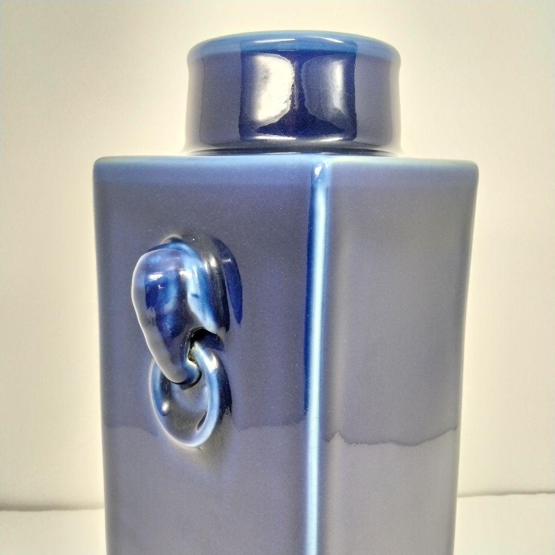 x130 中国 清代 藍釉 象耳方形瓶 角花瓶 高さ25.5cm