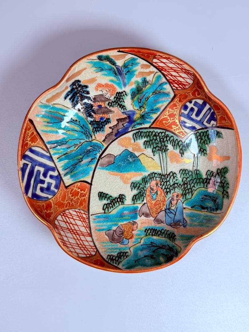 九谷焼　九谷庄三作　色絵風景図変形皿　五客　竹林賢人　窓絵　こだわりの器　手描き