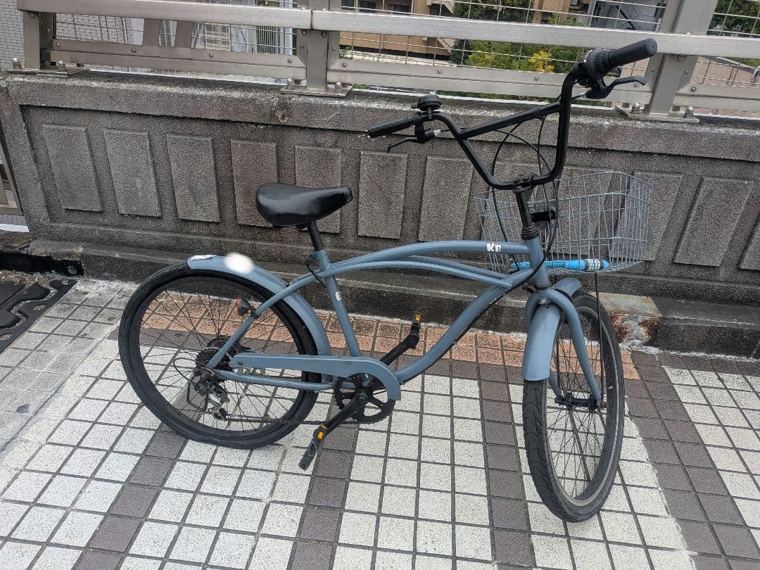 ブルーグレー　ビーチクルーザーKB 24インチ　6段ギアカゴ付き　自転車 訳あり