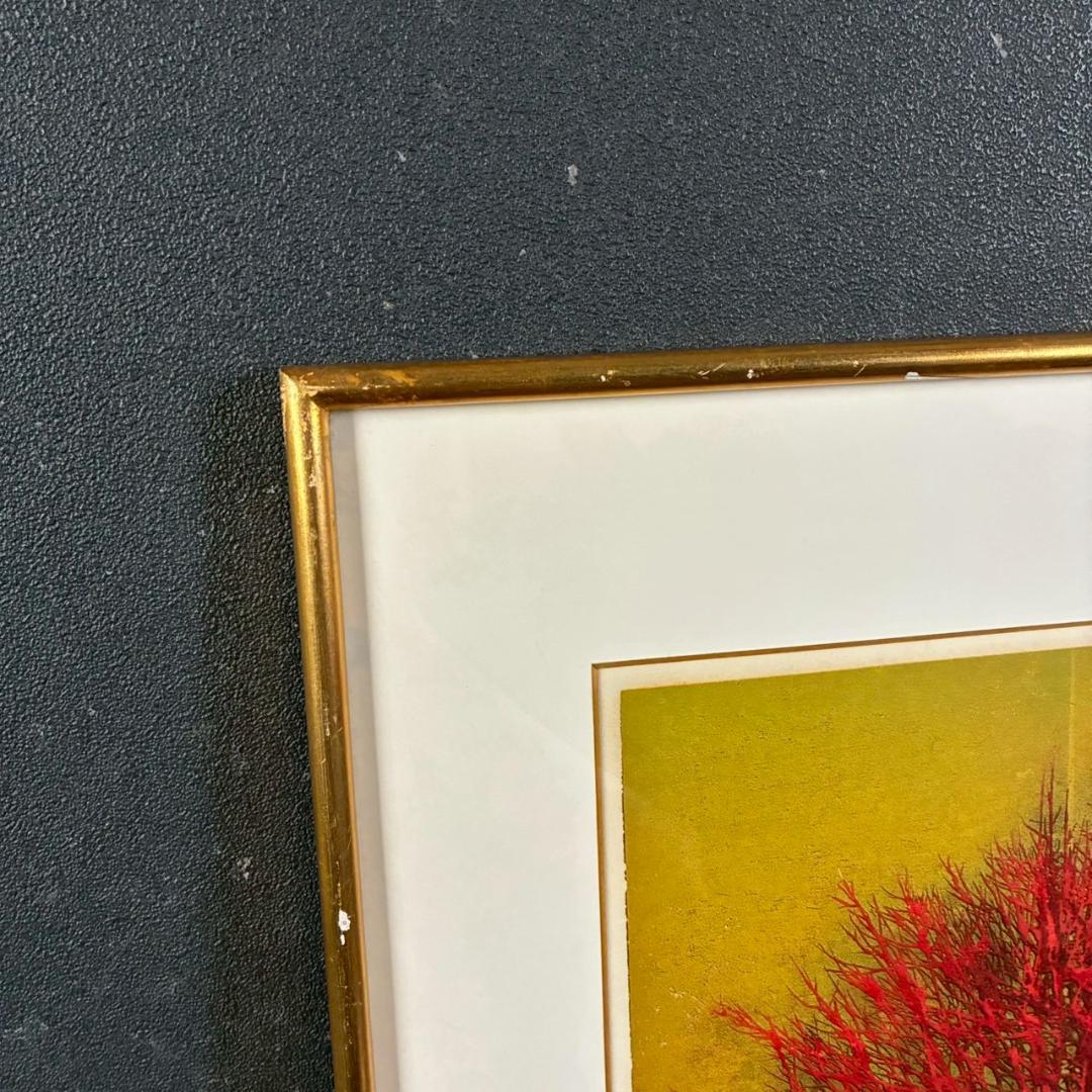 星襄一「梢（赤）」木版画 直筆サイン入り 1973年作 額縁入り 樹の木版画家