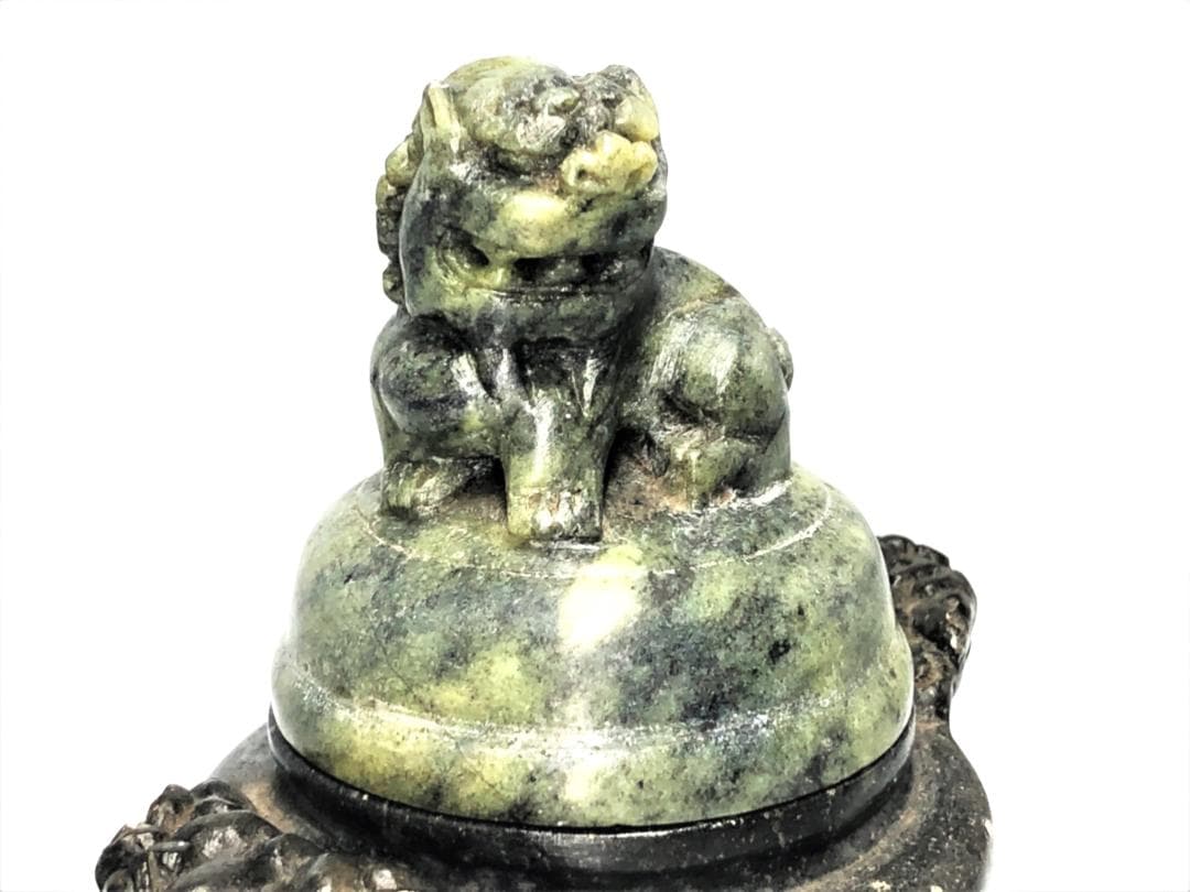 【 三つ足蝋石香炉 】　避邪双耳獅子蓋　中華古玩　蝋石彫刻