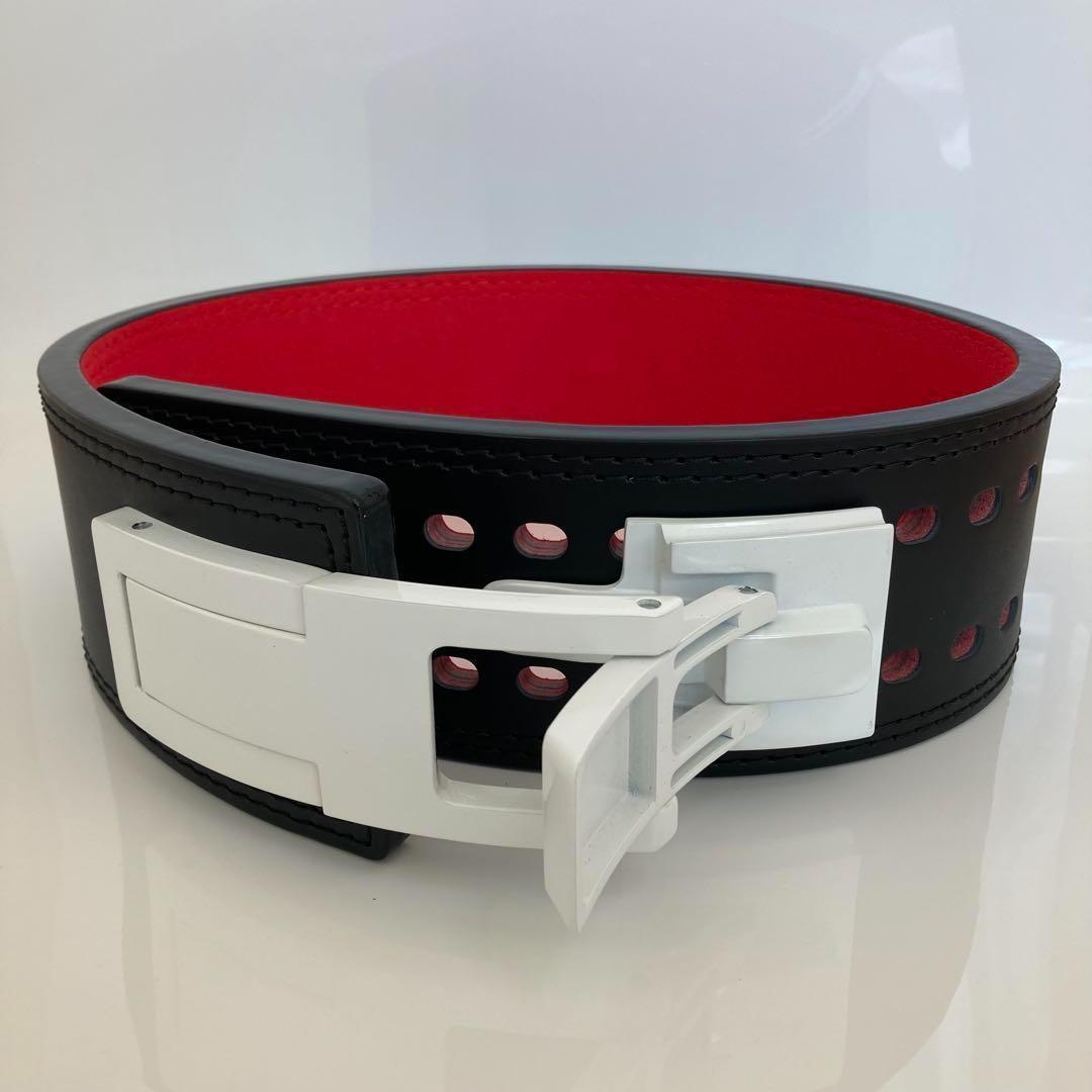 パワーベルト レバーアクション Lサイズ 本革 黒×裏地赤 バックル白 可変式