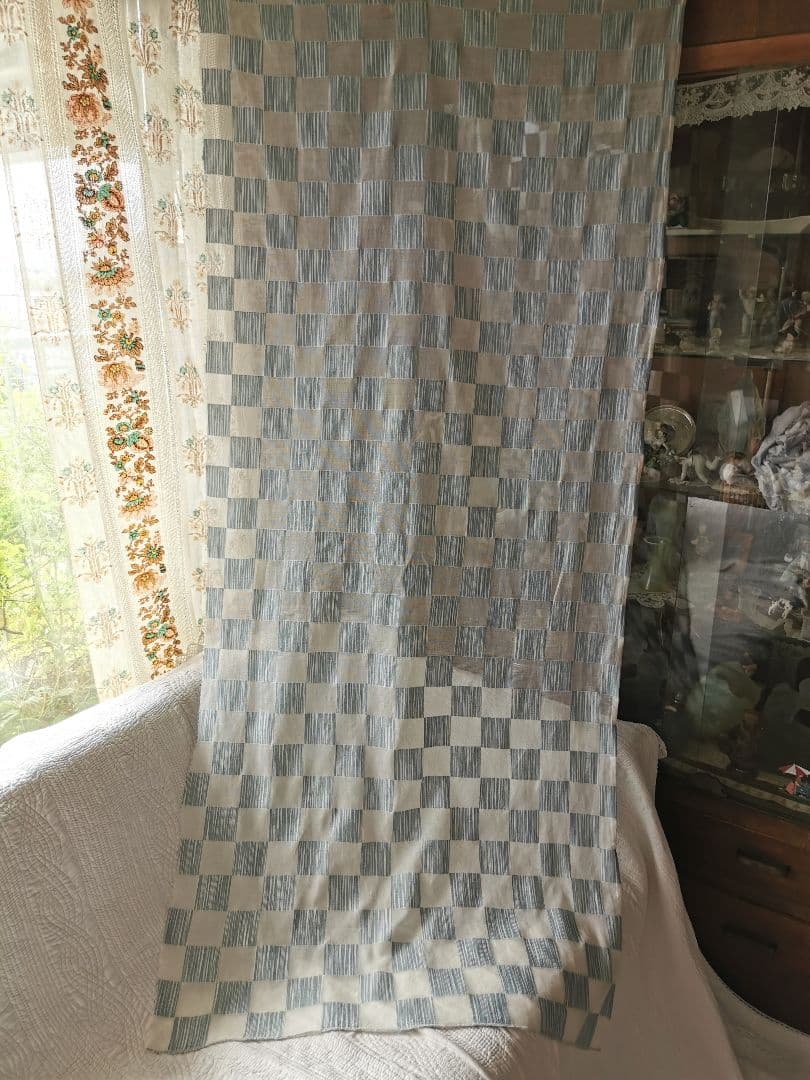 英国ヴィンテージ ノッティンガムレース最高峰マドラスカーテン ダミエ市松格子模様