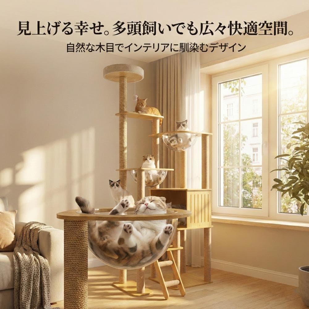 キャットタワー木製据え置き透明宇宙船2個肉球多頭飼いおしゃれ爪とぎ175cm
