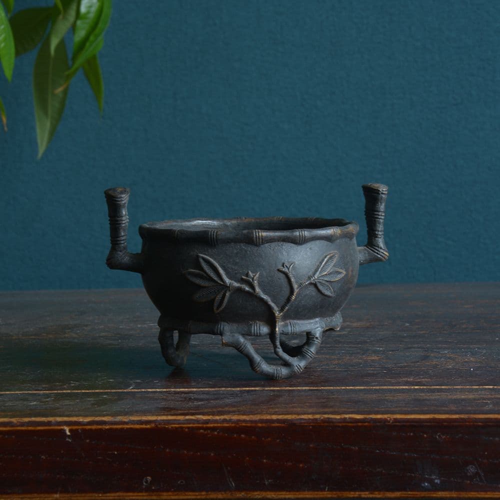 銅炉 香炉【福地洞天】 三足竹節紋香炉 宣徳炉 茶道香道具 工芸品 置物