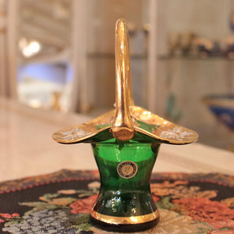 ムラーノガラス 金彩バスケット 24K装飾 イタリア製 緑 223-249